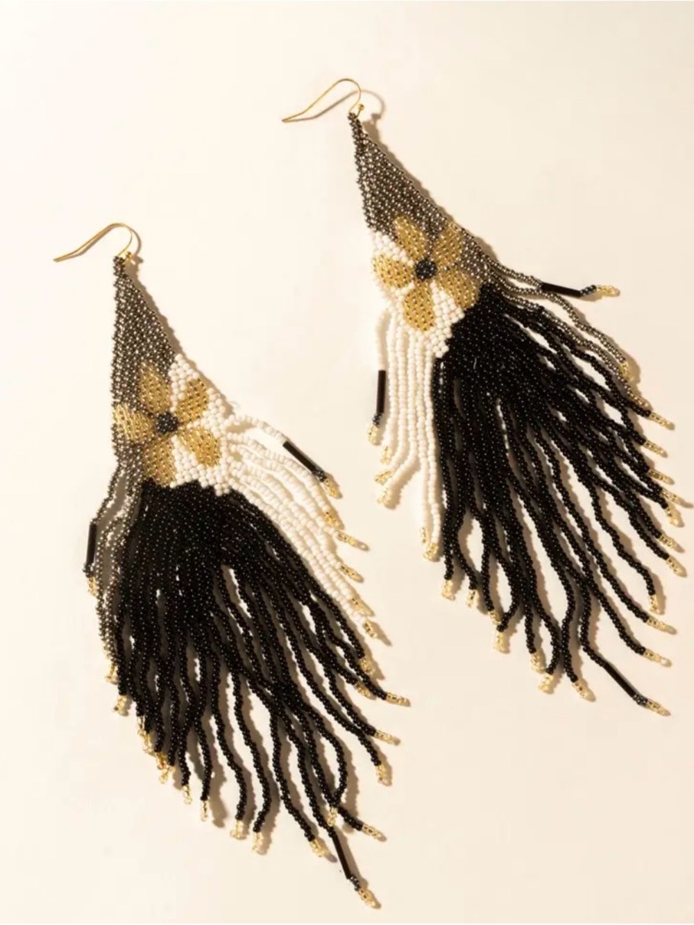 Myra Bag Black, White & Gold Floral Fringe Beaded Earrings